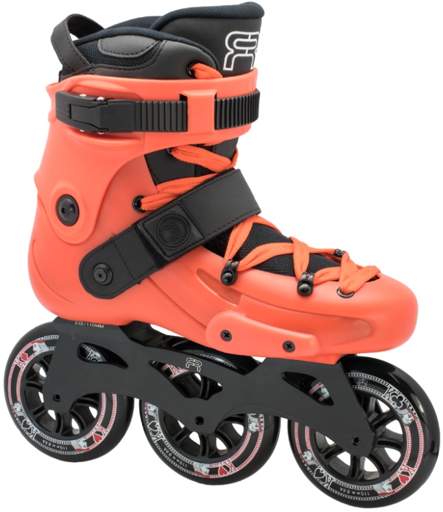 An orange inline skate, named FR X 310, with 3 wheels of 110 mm